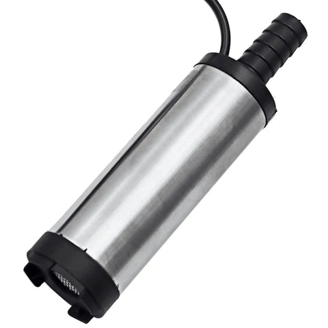 12V DC Submersible Transfer Pump For Fuel Water And Diesel Built Tough For Campground Grind Compact stainless steel build with switch cable.