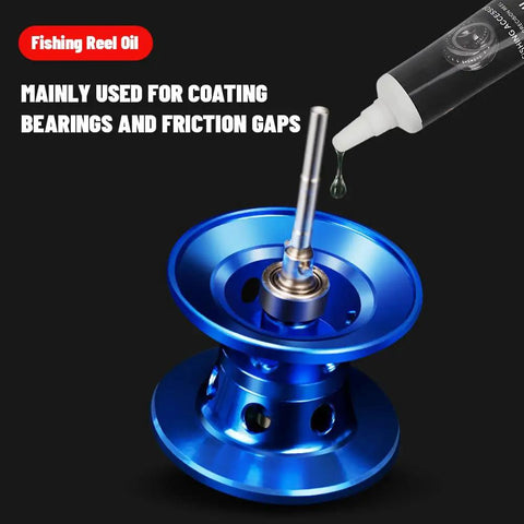 Fishing Reel Lubrication Kit With Pro Grade Maintenance Oil shown coating reel bearings for noise and wear reduction.