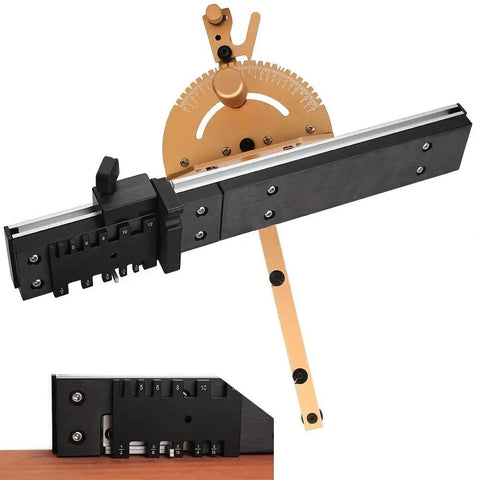 Heavy Duty Aluminum Table Saw Miter Gauge Decked Out With Laser Marked Rulers And Rock Solid Stops showing adjustable angle measurements.