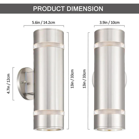 Dope Modern Cylinder Outdoor Wall Light Stainless Steel Porch Sconce With Nickel Finish dimensions shown front and side views