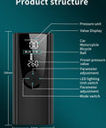 Diagram of Portable Car Tire Inflator With Digital Gauge, 12V DC Air Pump, 120 PSI, showing buttons and functions labeled on the device.