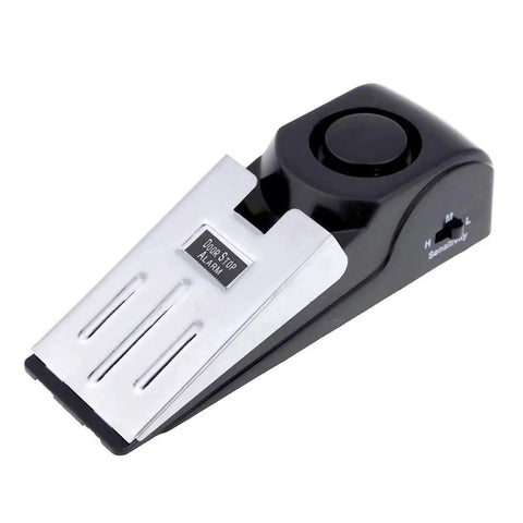 Three Pack Safety Wedge Door Stop Alarm Stopper With 120dB Travel Security Alert Adjustable Sensitivity Levels No Installation Required Portable Door Stop Alarm Requires One 9 Volt Battery black and silver wedge with H/M/L sensitivity switch