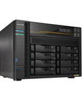Heavy Duty Eight Bay Nas Built For Knockout Performance With Amd Ryzen Processor And Sixteen Gb Ecc Ddr5 Memory Comes Loaded With Three Terabyte Ssd Drives And Dual Ten Gigabit Ethernet Ports For Real World Pros, shown from the front angle.