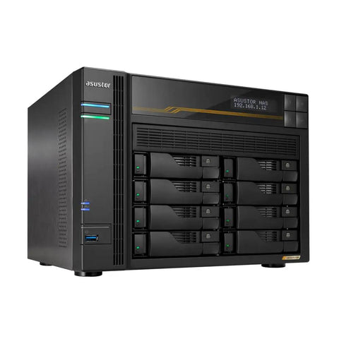 Heavy Duty Eight Bay Nas Built For Knockout Performance With Amd Ryzen Processor And Sixteen Gb Ecc Ddr5 Memory Comes Loaded With Three Terabyte Ssd Drives And Dual Ten Gigabit Ethernet Ports For Real World Pros, shown from the front angle.