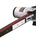 Air Belt Sander 1/2 Inch By 18 Inch Workhorse With 3 Belts Grit 36 40 60, Variable Speed Pneumatic Sander, angled view with belt