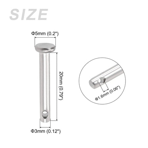 Clevis Pins 3mmX20mm 4pc Flat Head Single Hole 304 Stainless Steel Shaft Hinge Hardware DIY Furniture shown in various angles with dimensions.