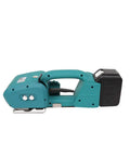 Rechargeable Electric Strapping Machine Portable Packing Sealer For PP PET Bands side view with comfort grip handle and battery.