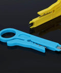 Blue and yellow tools from Pocket Size Six Piece Wire Stripper Set For RJ45 Cat5 Cat6 Data Cables And Telephone Lines With Handy Punch Down Cutter Ideal On The Go Tool Kit For Home Or Office Great For Network Wiring on black surface