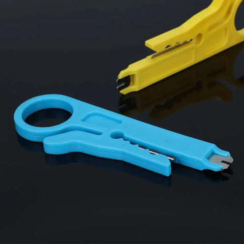 Blue and yellow tools from Pocket Size Six Piece Wire Stripper Set For RJ45 Cat5 Cat6 Data Cables And Telephone Lines With Handy Punch Down Cutter Ideal On The Go Tool Kit For Home Or Office Great For Network Wiring on black surface