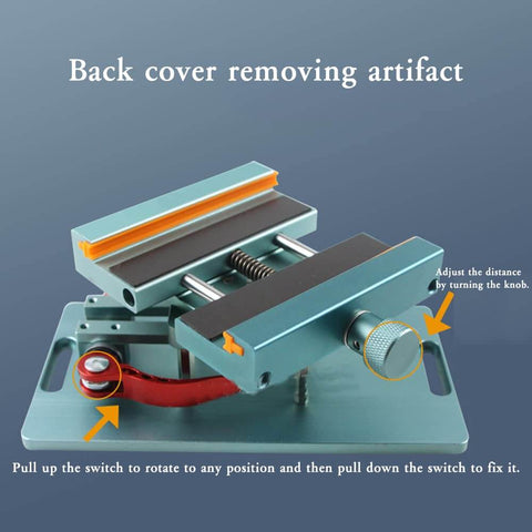 Lockable 360 Degree Rotary Back Glass Demolition Clamp For Phones And Tablets, durable aluminum fixture with rubberized jaws.