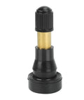 TR-600HP snap-in tire valve stem; brass body with black cap and base, front view
