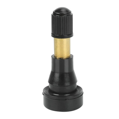 TR-600HP snap-in tire valve stem; brass body with black cap and base, front view