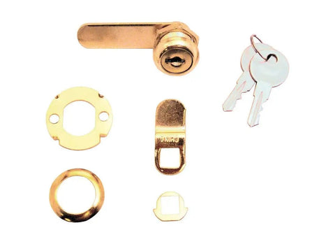 Beefy Diecast Drawer And Cabinet Lock With Brass Finish, 5/8 In., hardware set including keys, cams, and trim collar for installation