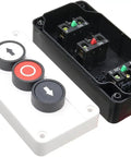 3 Button Industrial Control Station with up and down arrows, center stop button, white and black housing, heavy duty push button box.