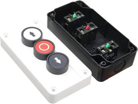 3 Button Industrial Control Station with up and down arrows, center stop button, white and black housing, heavy duty push button box.