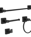 Matte Black 4 Piece Bathroom Hardware Set With 17 Inch Towel Bar, Towel Ring, Toilet Paper Holder And Wall Hook displayed