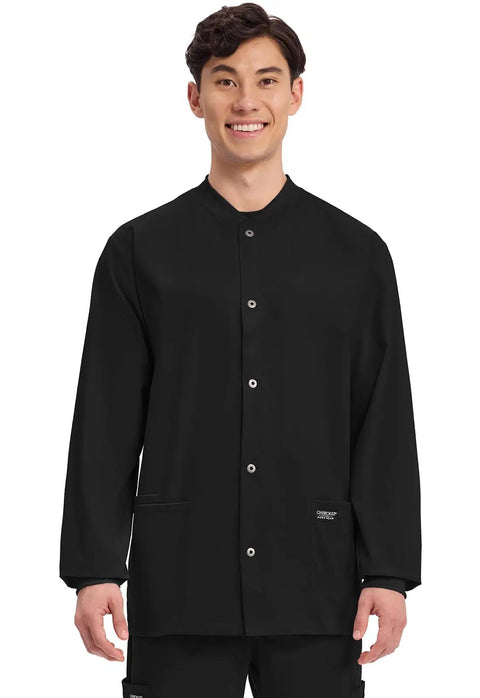 Mens Scrub Jacket With Snap Front And Three Pockets Knit Cuffs Fade Resistant Two Way Stretch Fabric Cell Pocket Built For Tough Shifts All Day Comfort Medical Uniform For Work Black