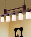 Rectangular Wood And Metal Pendant Light For Kitchen Island Delivering Hella Rustic Industrial Vibes With Five E27 Edison Fixtures And Clear Glass Shades, showing five frosted glass shades.