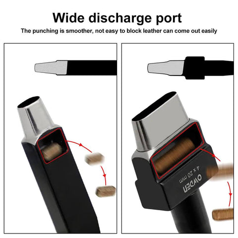 Wide discharge port of Oblong Leather Hole Punch Set With 19 Sizes And Nylon Pad for smooth leather release.