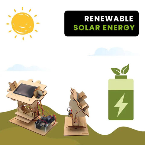 Sun Tracking Solar Panel DIY Kit With Arduino Nano Educational Sun Tracker System and Electronic Components Coding Kit for Learning Renewable Energy for Home Projects, wooden model