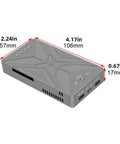 Slick Aluminum M.2 NVMe SSD RAID Enclosure, compact design with USB ports, dimensions 4.17x2.24x0.67 inches.