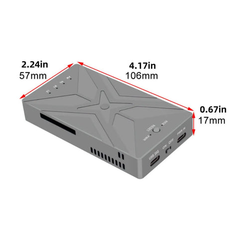 Slick Aluminum M.2 NVMe SSD RAID Enclosure, compact design with USB ports, dimensions 4.17x2.24x0.67 inches.