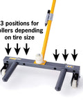 WINNTEC rolling wheel dolly with three-position rollers and yellow handle, grey frame for tire changes.