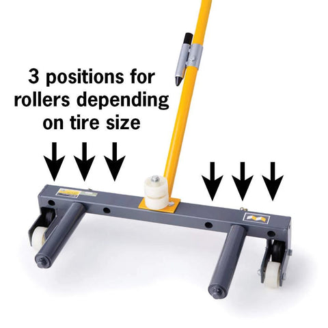 WINNTEC rolling wheel dolly with three-position rollers and yellow handle, grey frame for tire changes.