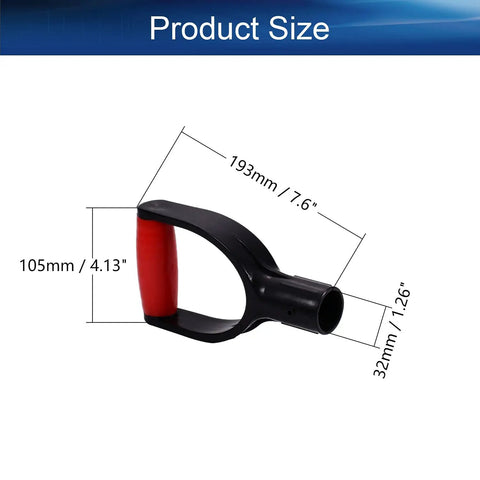 Red D Type Shovel Grip Handle With 1.25 Inch Inner Diameter PVC Replacement Non Slip Textured Labor Saving Grip dimensions diagram