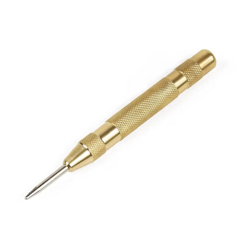 Precision center punch guide tool in gold, designed for accurate hole marking in metal, wood or plastic.