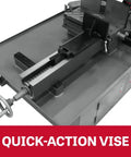Quick-action vise of Badass 10 X 18 Inch Metal Cutting Dual Miter Horizontal Band Saw for precision cutting.