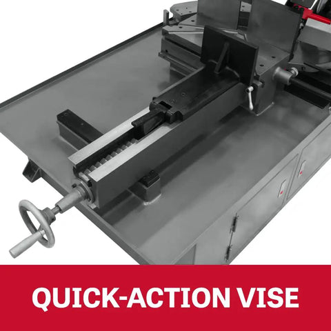 Quick-action vise of Badass 10 X 18 Inch Metal Cutting Dual Miter Horizontal Band Saw for precision cutting.