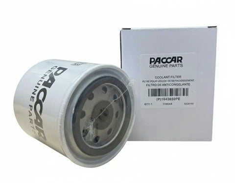 Truck-Grade Coolant Filter For MX Series MX-11 And MX-13, Spin-On Replacement 1843659PE next to PACCAR branded box