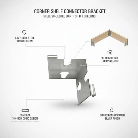 Easy Install Corner Shelf Connector Steel 90 Degree Bracket For DIY Shelving No Fuss Silver 3.9 Inch Square Support diagram