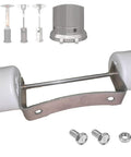 Patio heater wheel replacement kit with white wheels and stainless steel bracket; includes bolts and nuts.
