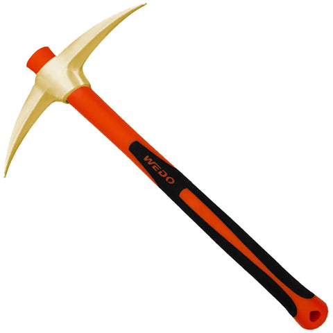 Non-Sparking Railroad Pick Axe With Fiberglass Handle For Weeding Prying And Digging 910mm Aluminum Bronze Anti-Slip Ergonomic Grip Shock-Absorb Hand Guard Workhorse For Petrochemical Industry And Boat Maintenance, featuring orange fiberglass handle and dual-head design.