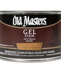 Old Masters Dark Walnut Gel Stain can, 473 mL, suitable for hardwood, pine, plywood, and veneer applications.