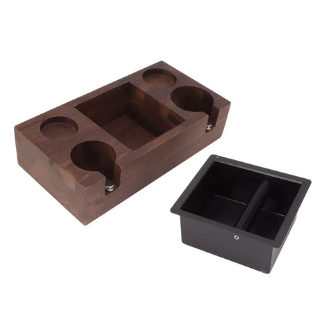 Legit Premium Walnut Wood Coffee Tamping Station With Stainless Steel Knock Box And Adjustable Height Tamper Base for espresso tools.