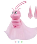 Front view of pink bqover 8x8 inch portable microfiber cleaning cloth with silicone caterpillar keychain and two pink refills