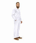 Heavy Duty Mens Long Sleeve Zip Up Coverall Built From Premium Poly Cotton Twill To Crush The Daily Grind Stain Resistant Wrinkle Proof Cool Comfort White Medium on model.