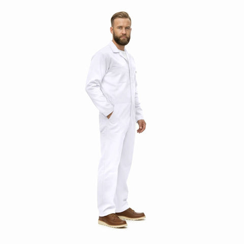 Heavy Duty Mens Long Sleeve Zip Up Coverall Built From Premium Poly Cotton Twill To Crush The Daily Grind Stain Resistant Wrinkle Proof Cool Comfort White Medium on model.
