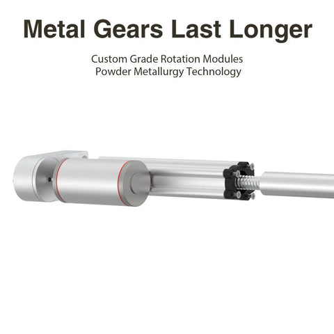 9.84 Inch Stroke Electric Linear Actuator With 220 Lb Load 12V DC, emphasizing metal gears and custom grade rotation modules