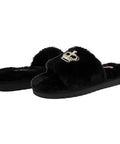 Women's Buttery Soft Faux Fur Slide Slippers Featuring Open Toe Fuzzy House Shoes With Sparkly Rhinestone Script Detail Dark Leopard Print For Total Homebody Chill Vibes Small Fit in black with crown detail.