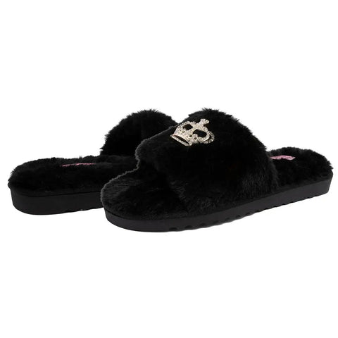 Women's Buttery Soft Faux Fur Slide Slippers Featuring Open Toe Fuzzy House Shoes With Sparkly Rhinestone Script Detail Dark Leopard Print For Total Homebody Chill Vibes Small Fit in black with crown detail.