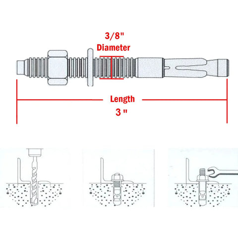Diagram of Three Eighths Inch By Three Inch Concrete Anchor Set In 304 Stainless Steel Wedge Anchors with installation steps.