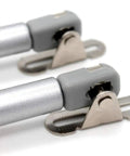 2 Pack Heavy Duty Gas Struts Rock Solid Soft Close Lift Supports close-up of zinc plated ends and gray connectors.