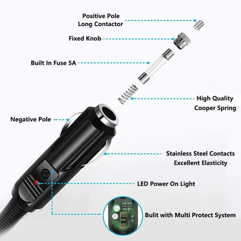Diagram showing parts of 12V Car Power Adapter For NexStar Telescopes And Celestron Mounts, detailing fuse, contacts, and spring.