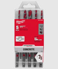 Milwaukee 5-piece Shockwave carbide hammer drill bit set for concrete in red case