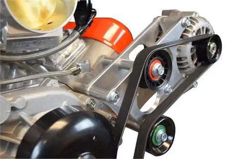 Boss Level Billet Alternator Bracket Kit For Lt And Ls Trucks Built Tough Aluminum Top Driver Mount For 4.8L 5.3L 6.0L Gm Engine Swap Project Made In Usa with idler pulleys mounted on an engine.