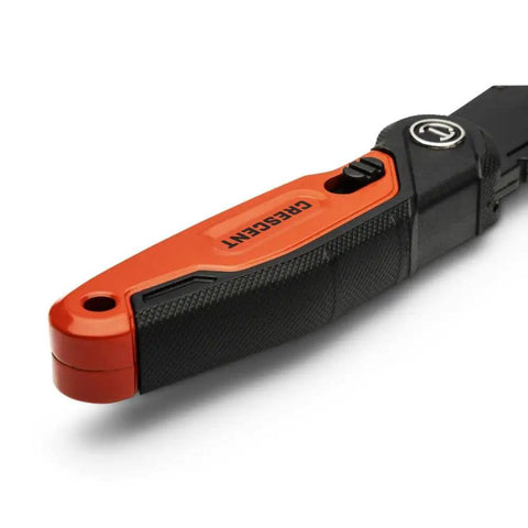 Close-up of the Folding Utility Knife With Tool Free Blade Change's handle, featuring a slim thumb bridge grip and blade storage cap.